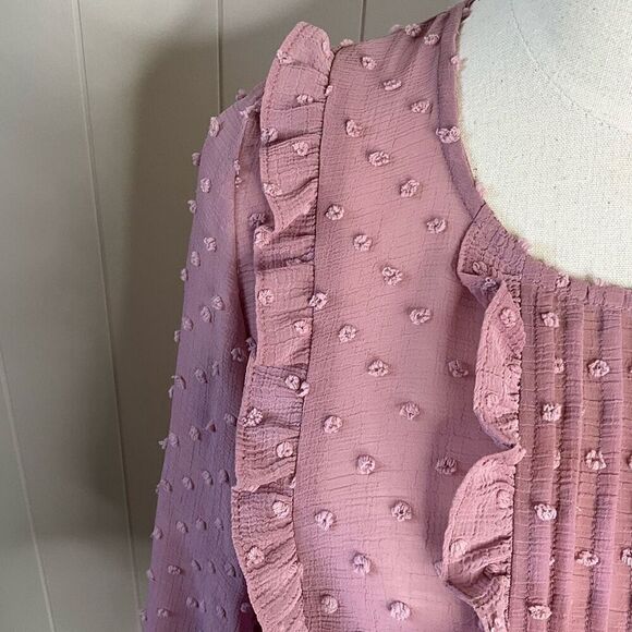 EM Womens Size Small Pullover Blouse Pink Dots Textured Ruffles Long Sleeves - Picture 3 of 14